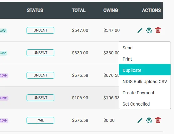 Duplicate action in invoice menu