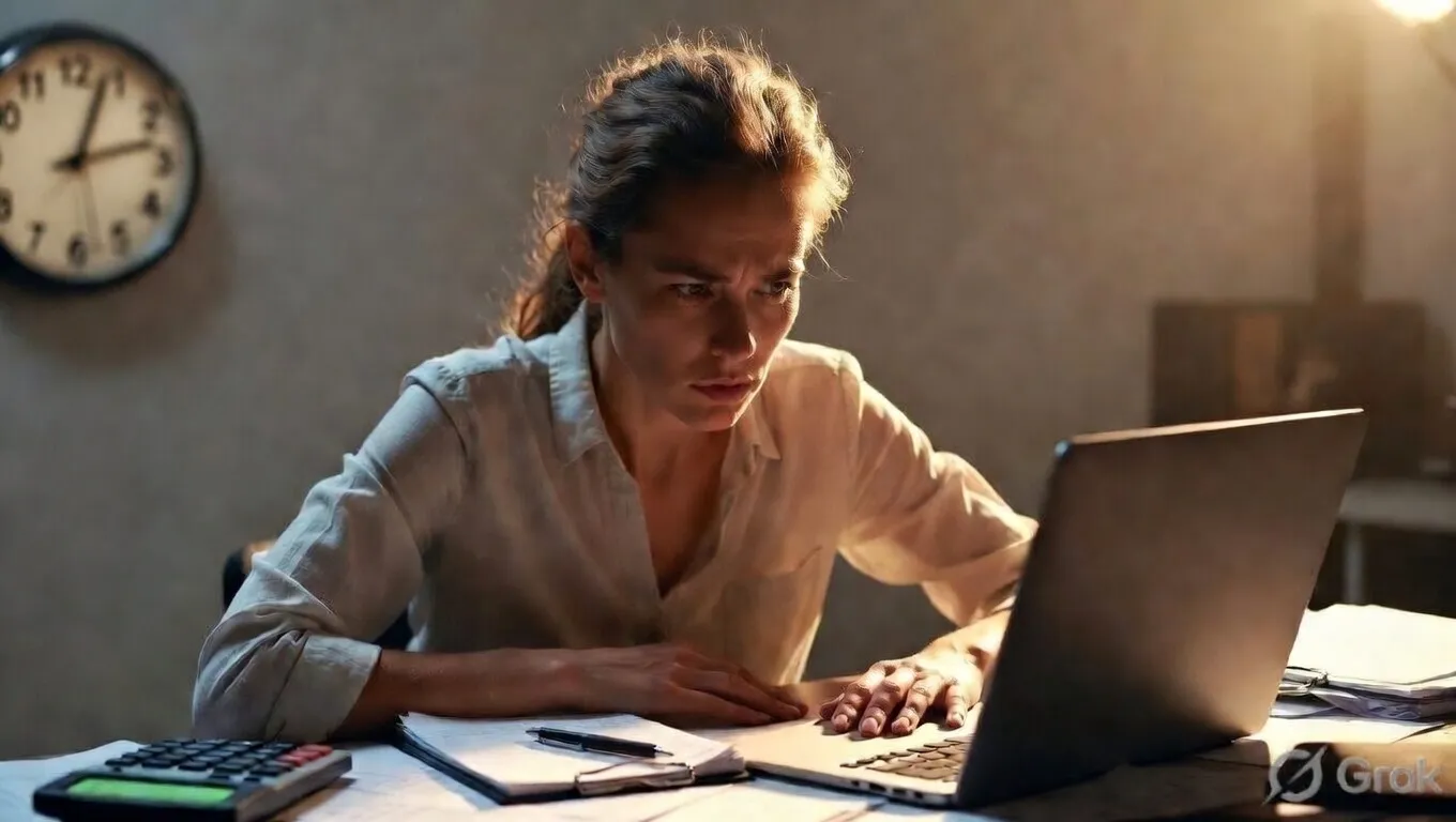A stressed-looking woman in a white shirt sits at a cluttered desk, looking frustrated and confused while looking intently at a laptop.