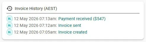 Invoice history — payment received, sent, created