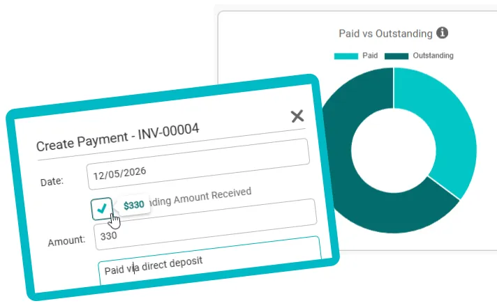 Create Payment dialog with Paid vs Outstanding donut chart